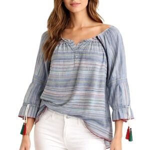 Boho Womens Plus 2XL  Peasant Blouse Blue Striped 3/4 Sleeve Caffe Marrakech Top